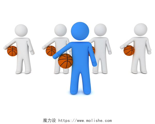 白色背景上3D小人手持篮球站立带球